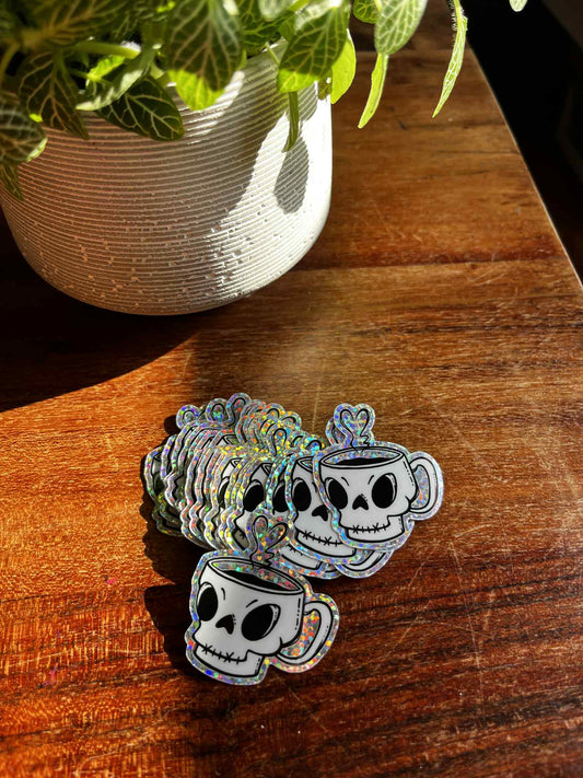 Autocollant Tasse Tête de Mort – Vinyle Pailleté Résistant à l’eau